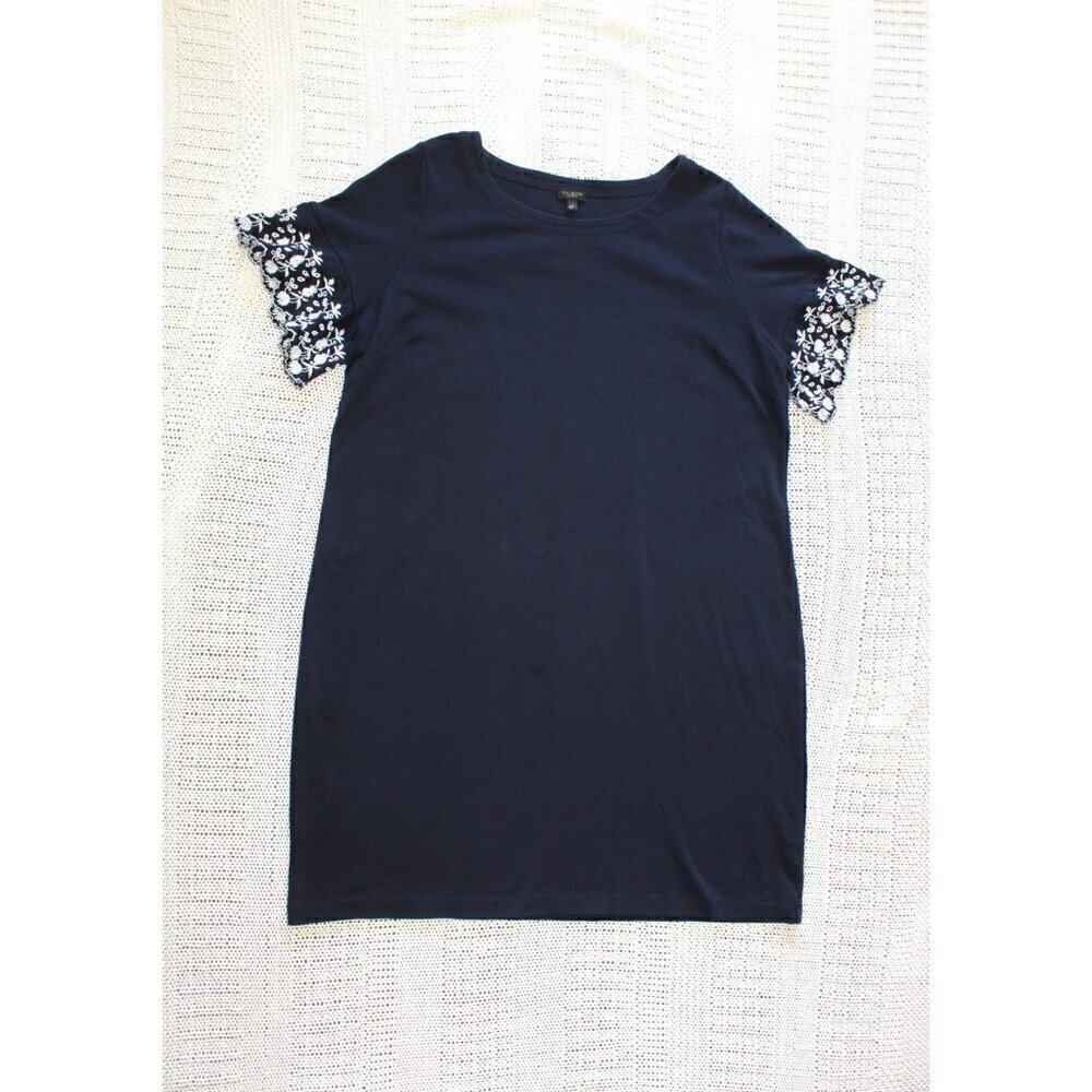Talbots Navy Blue Embroidered Sleeve Shift Mini Dress Size 2XP Pullover Cotton - Picture 5 of 11